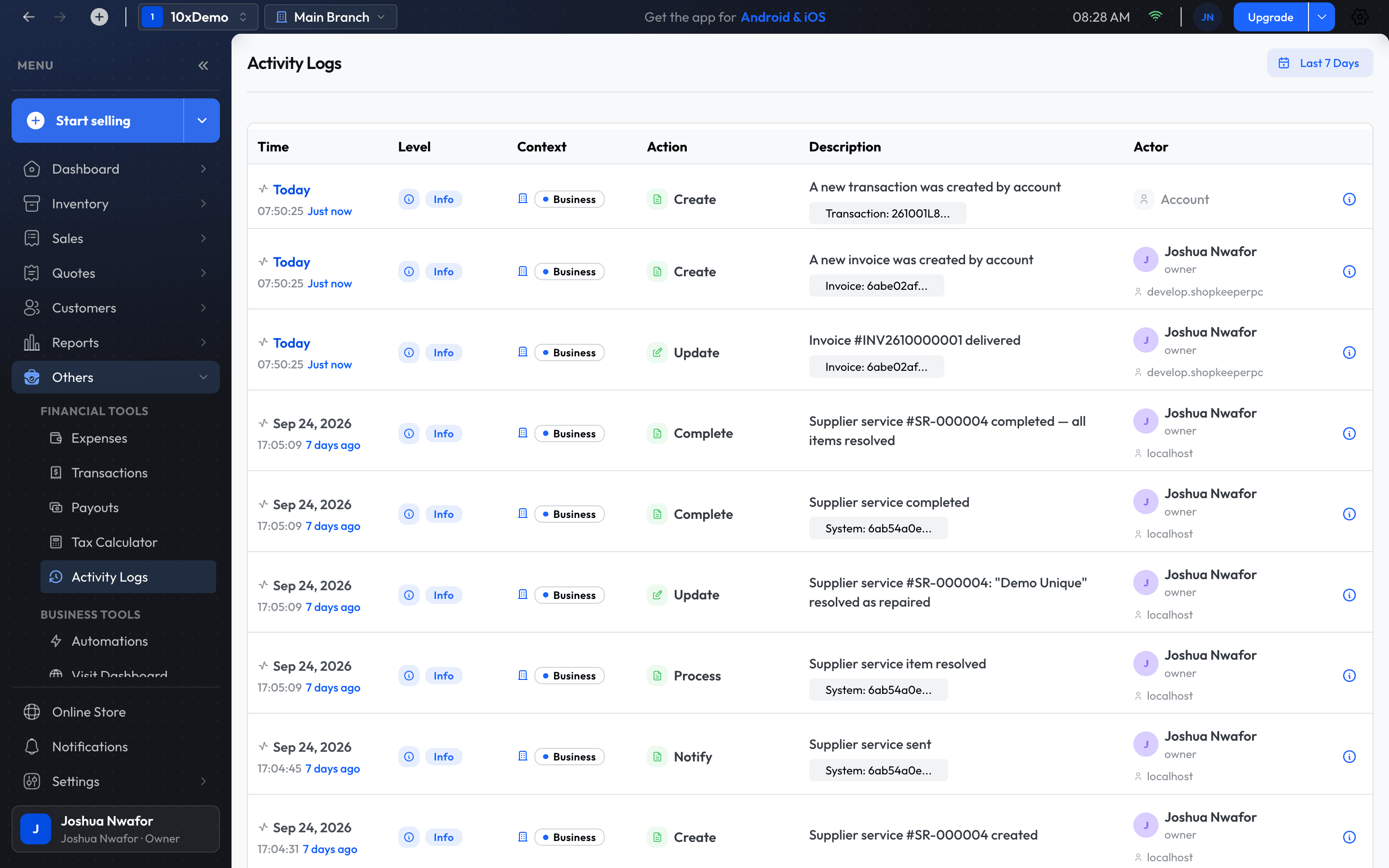 The Activity Logs screen