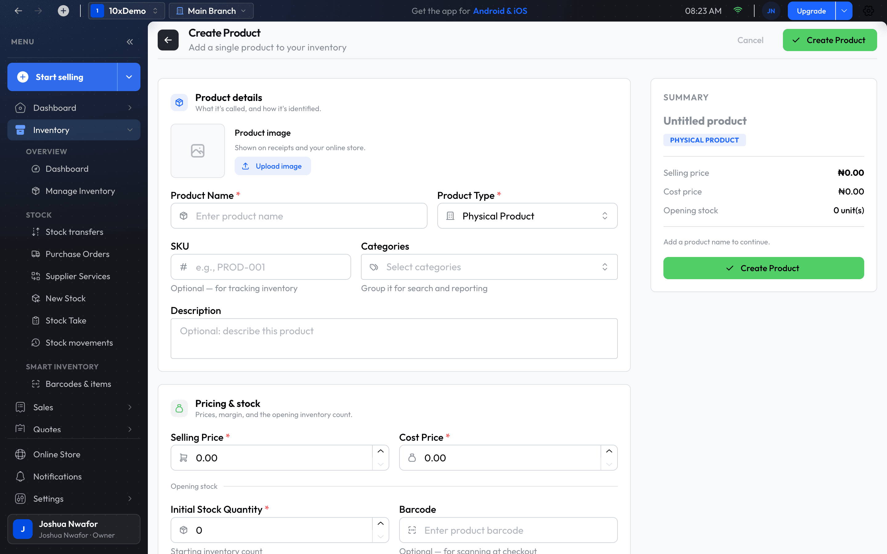 The Add Product form