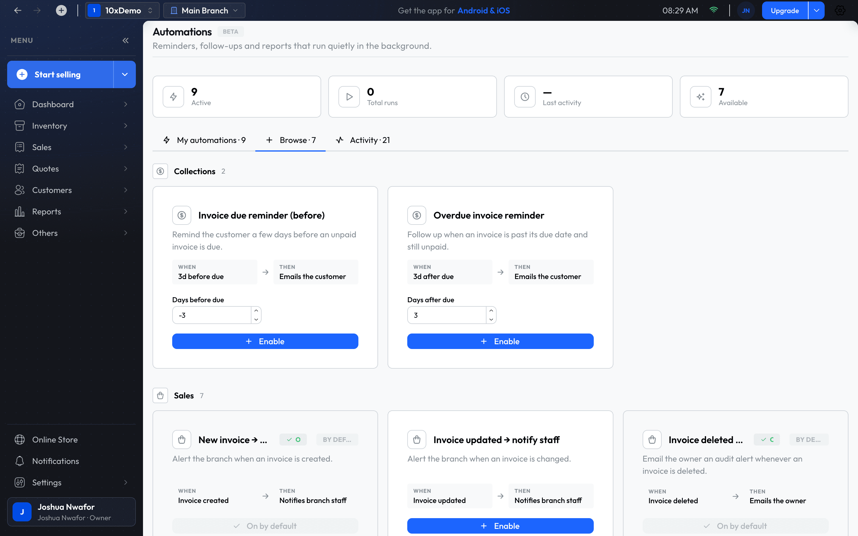 The Automations screen on the Browse tab