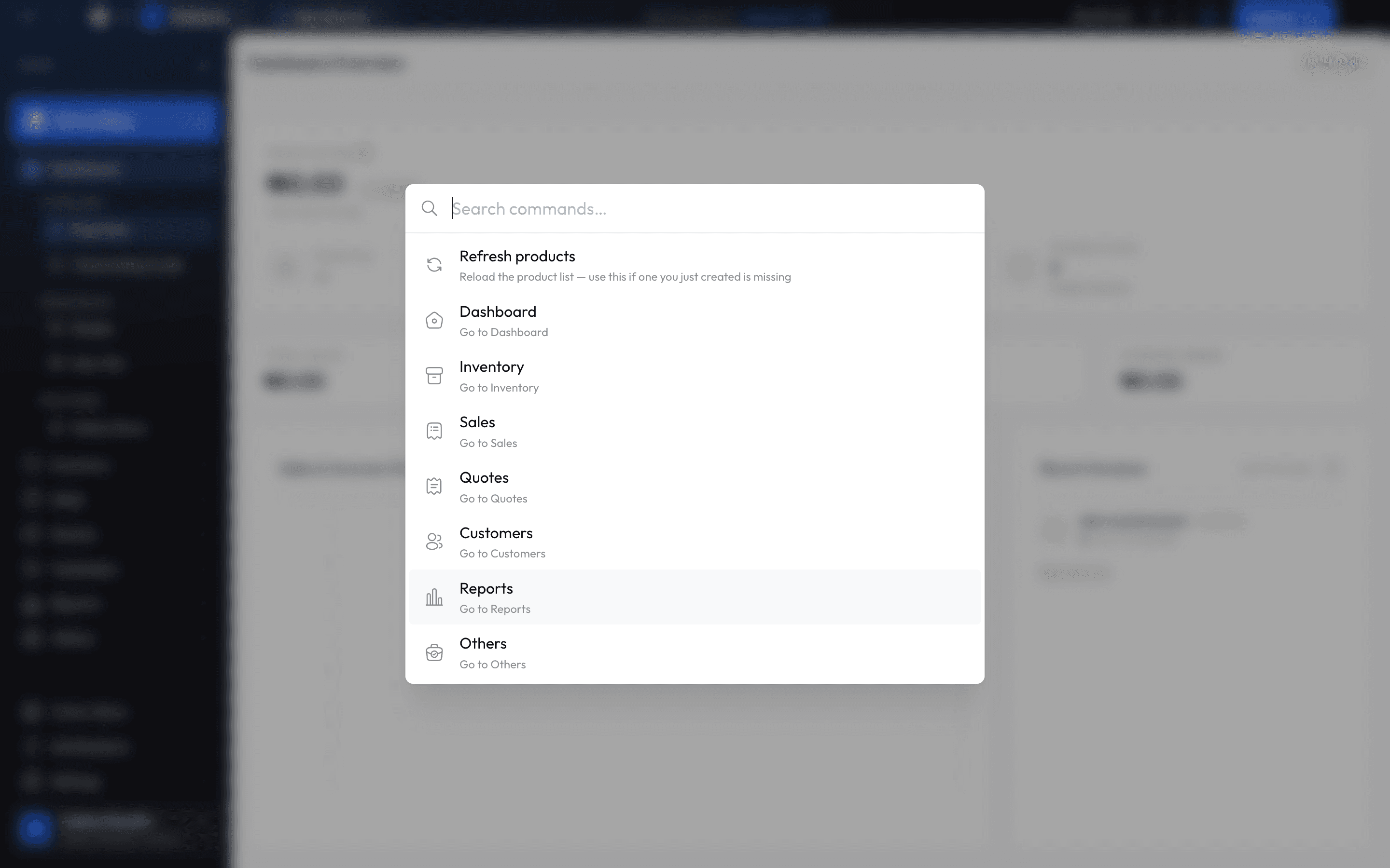 The command search open over the dashboard