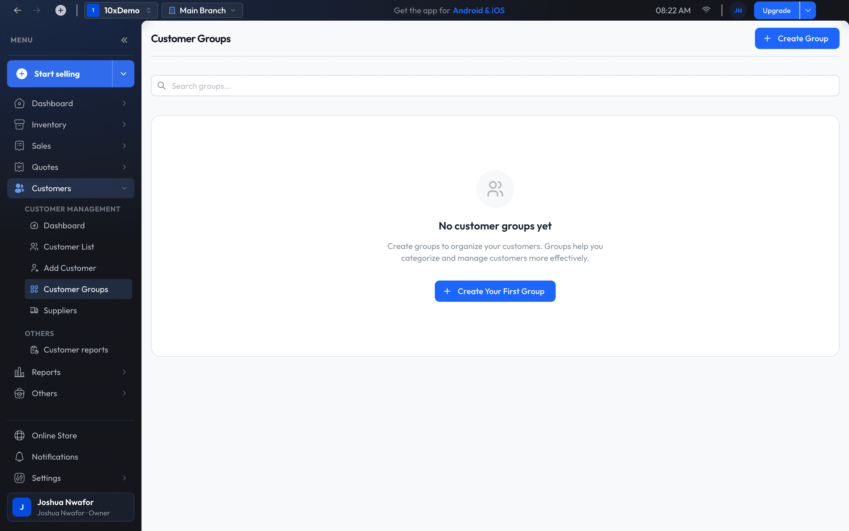 The Customer Groups screen