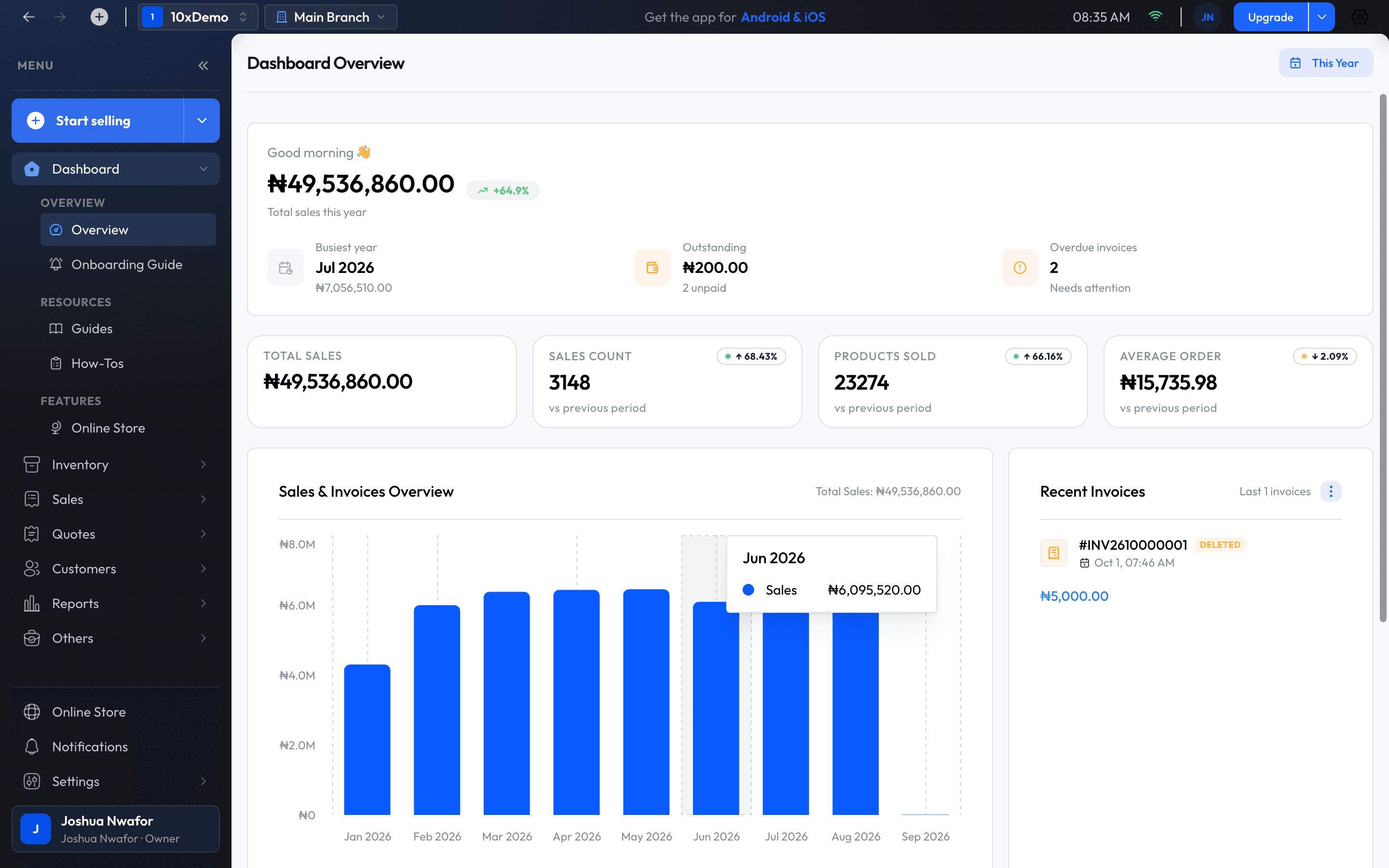 The ShopkeeperPOS dashboard with the menu open