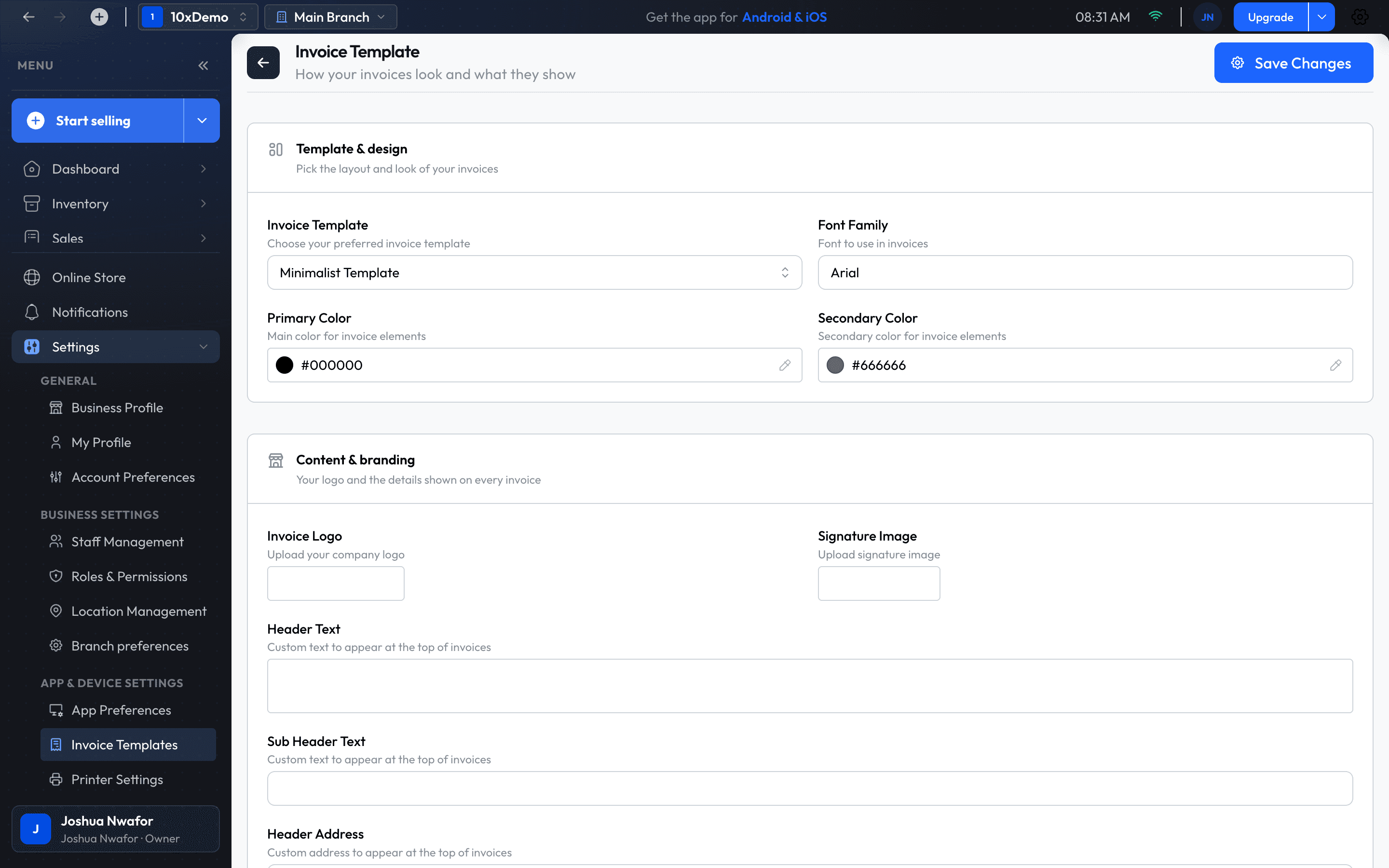 The Invoice Templates screen