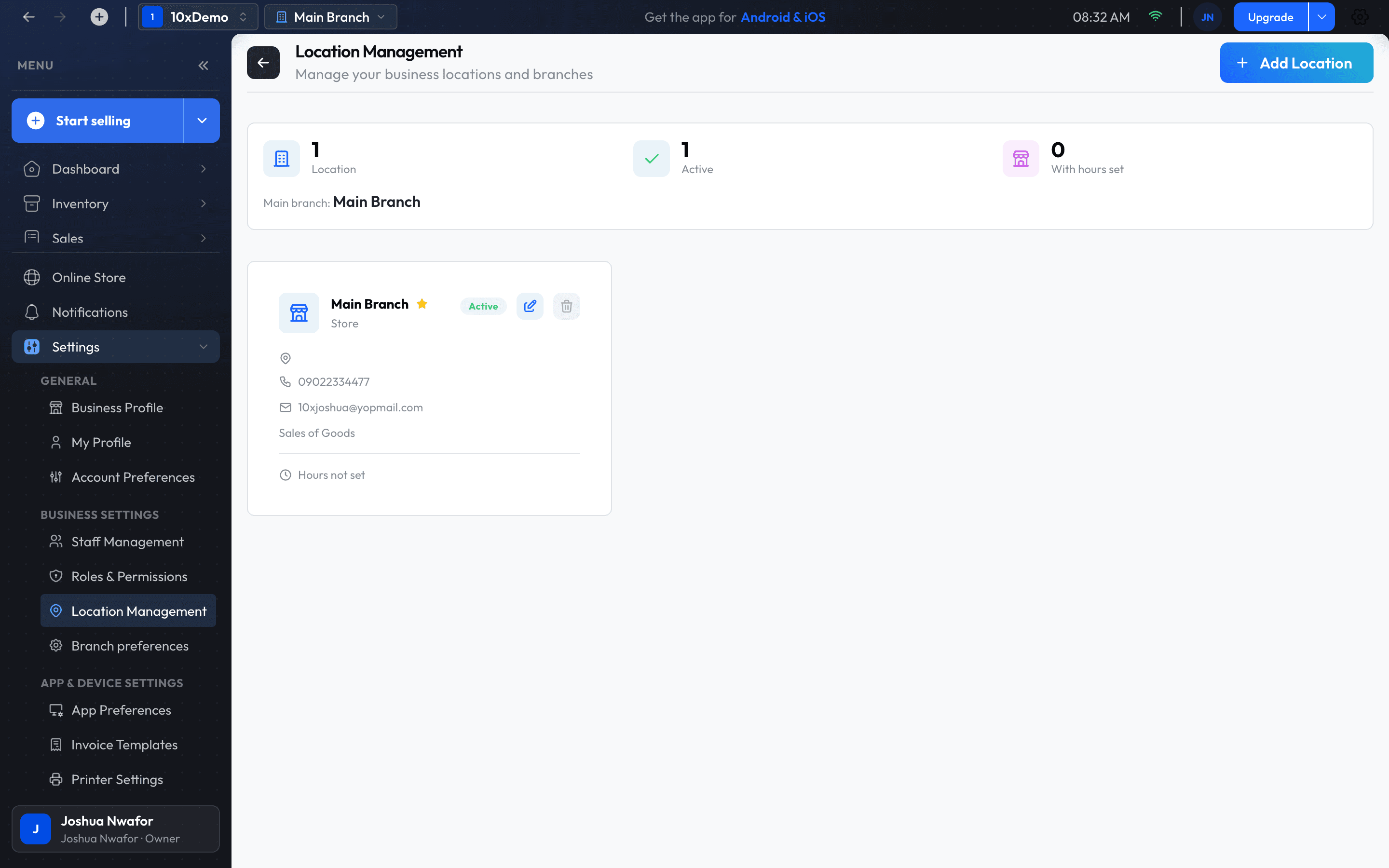The Location Management screen