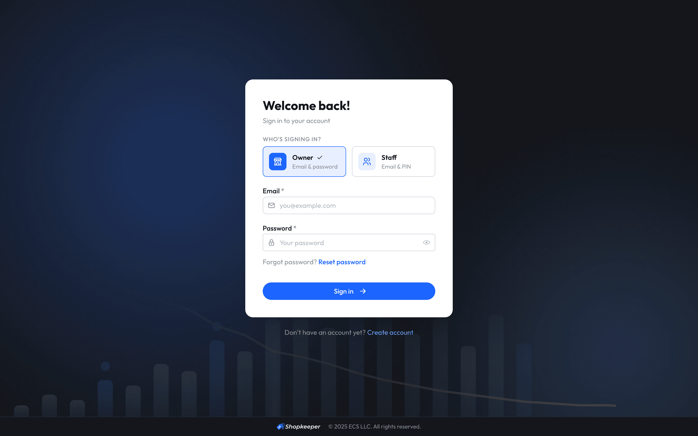 The ShopkeeperPOS sign-in screen