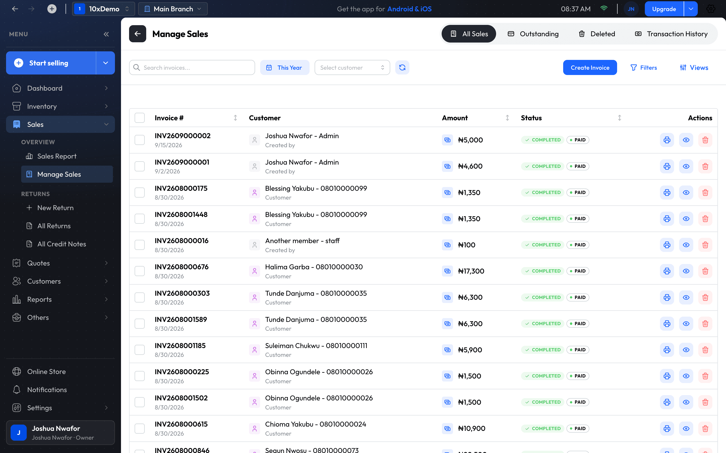 The Manage Sales list