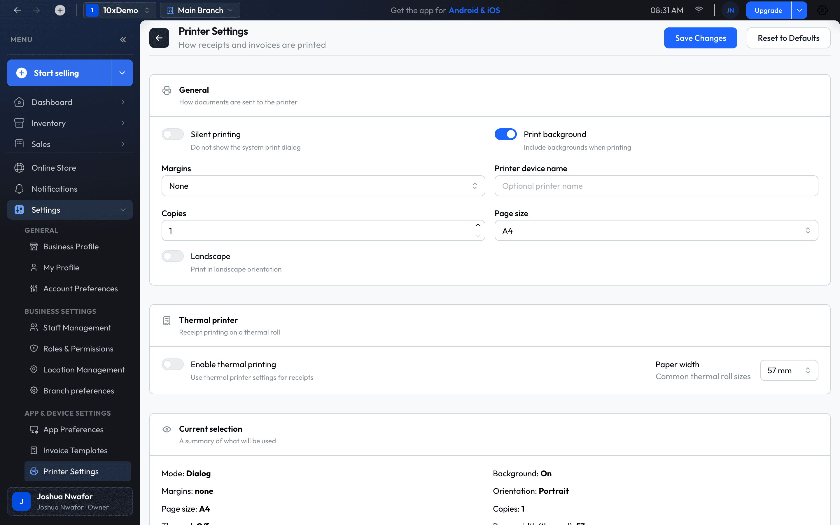 The Printer Settings screen