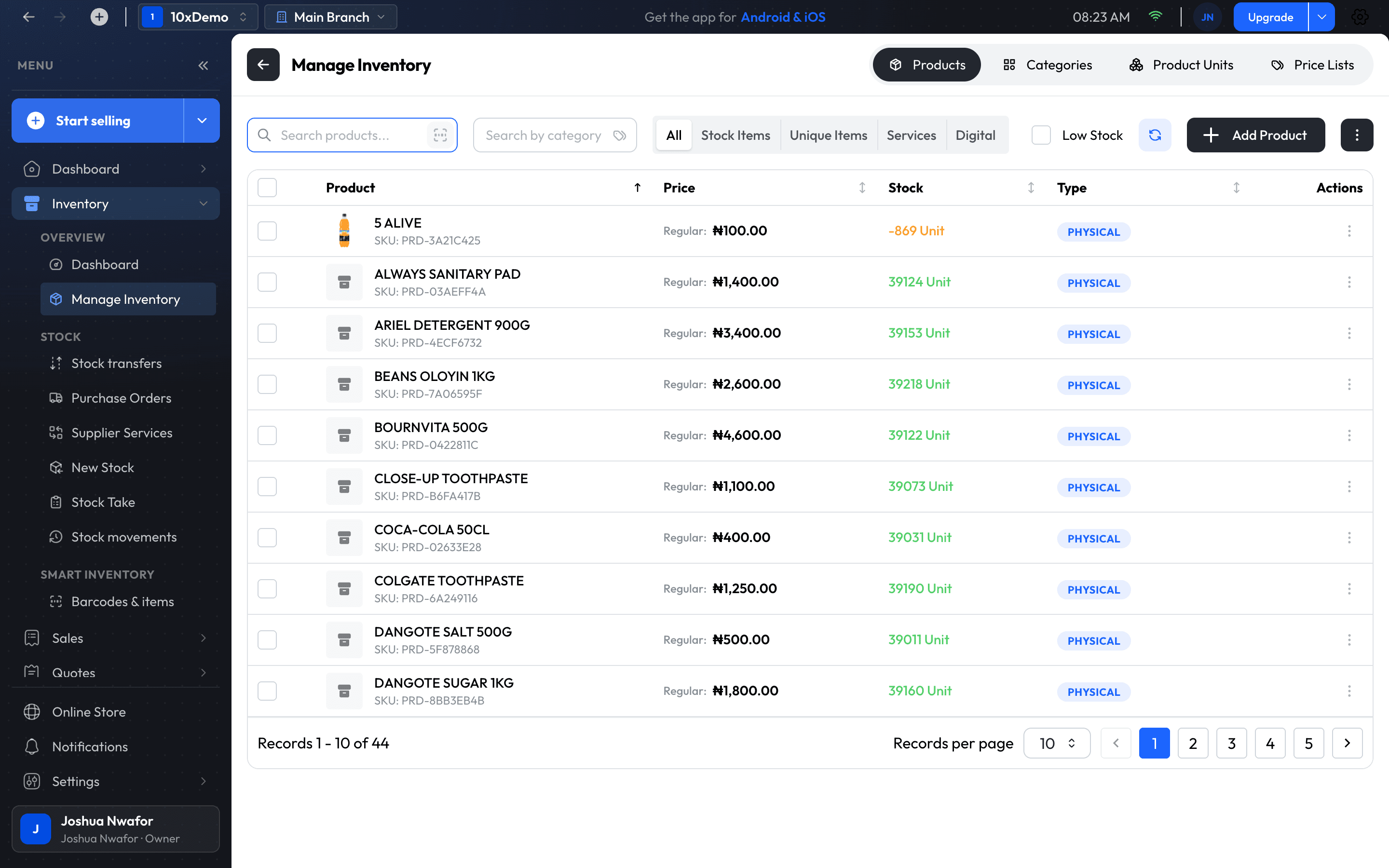 The Manage Inventory product list