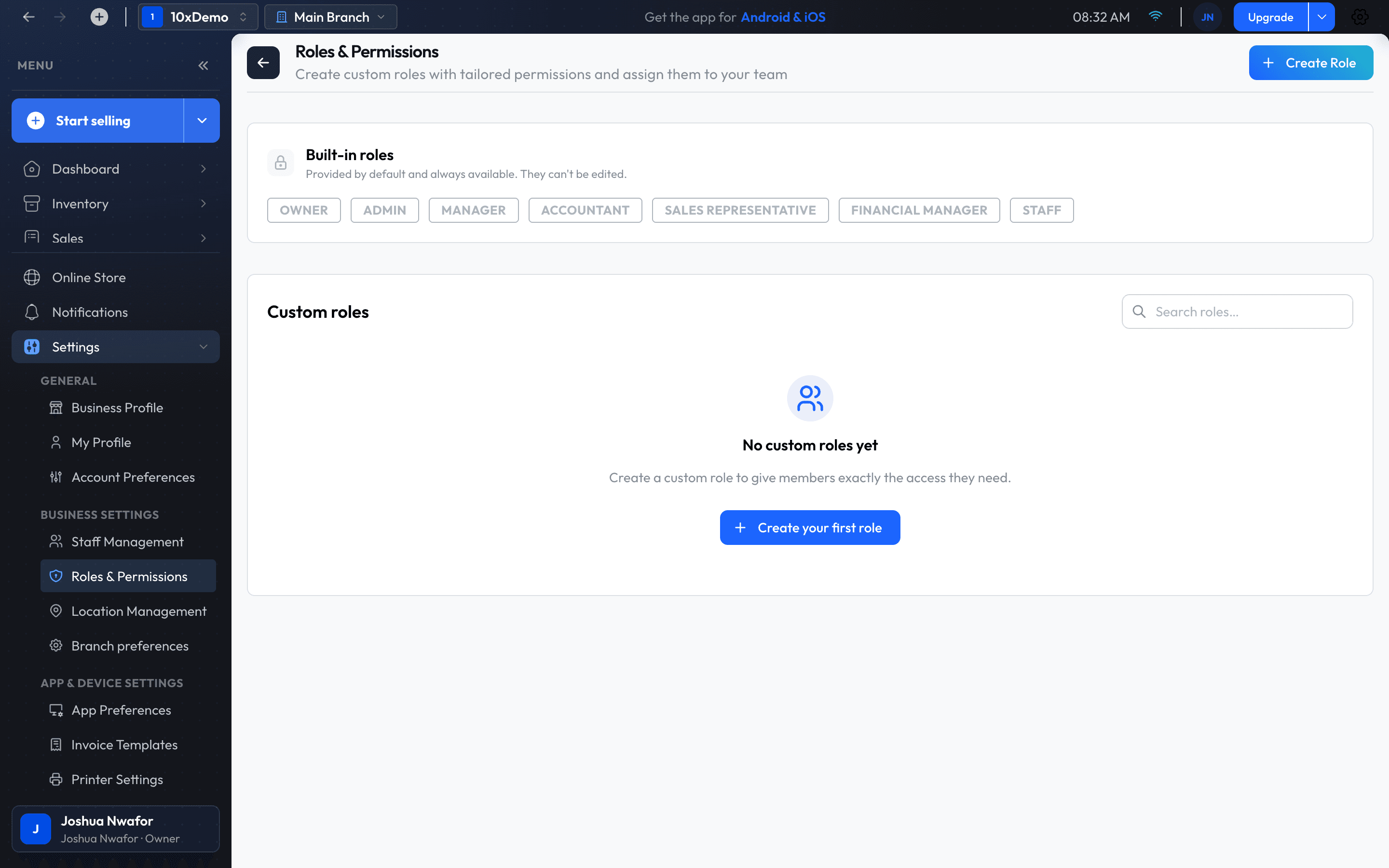The Roles & Permissions screen
