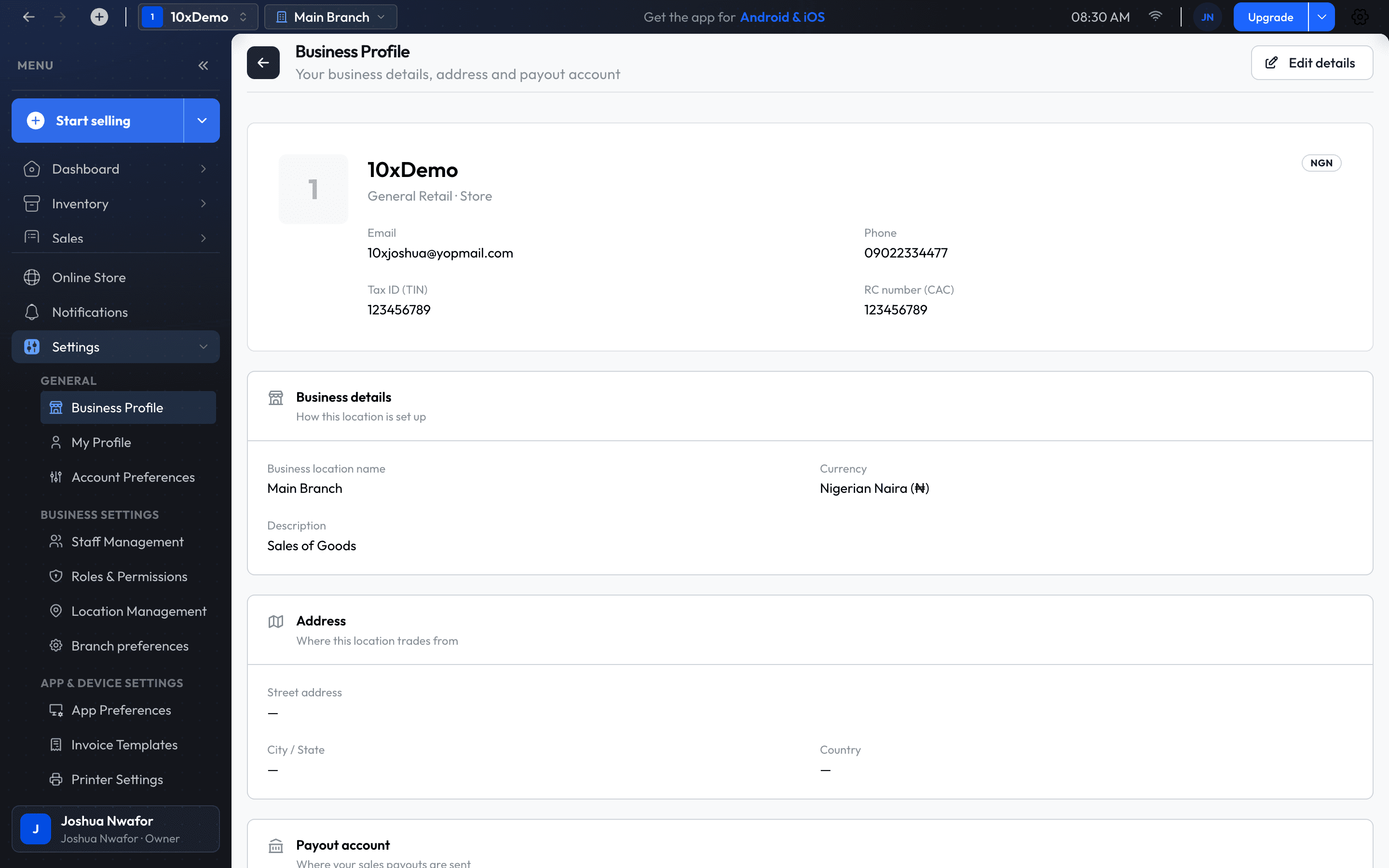 Settings, open on Business Profile