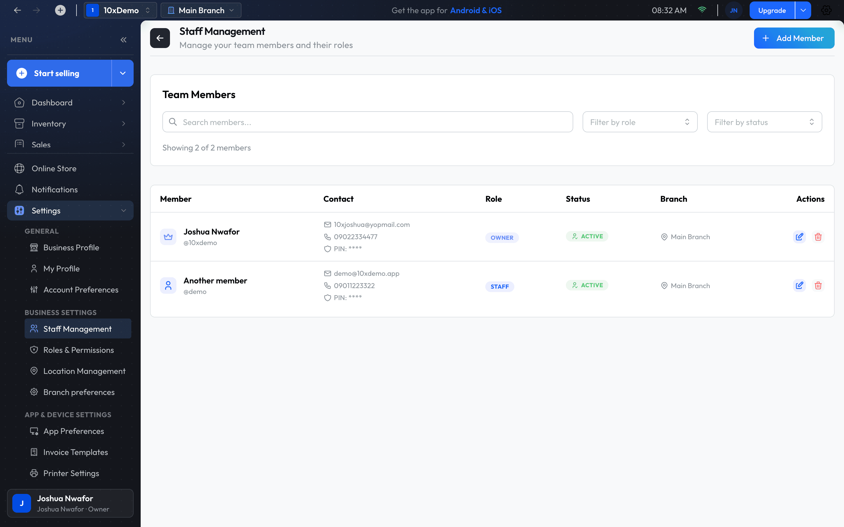 The Staff Management screen